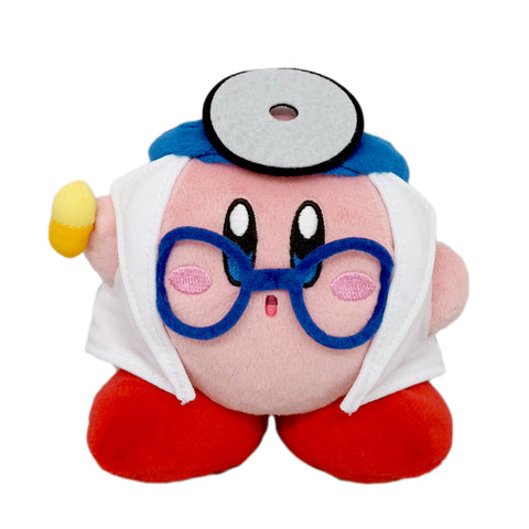 A pink kirby plush wearing blue glasses, a blue headband, and a white labcoat. He's holding a yellow plush pill.