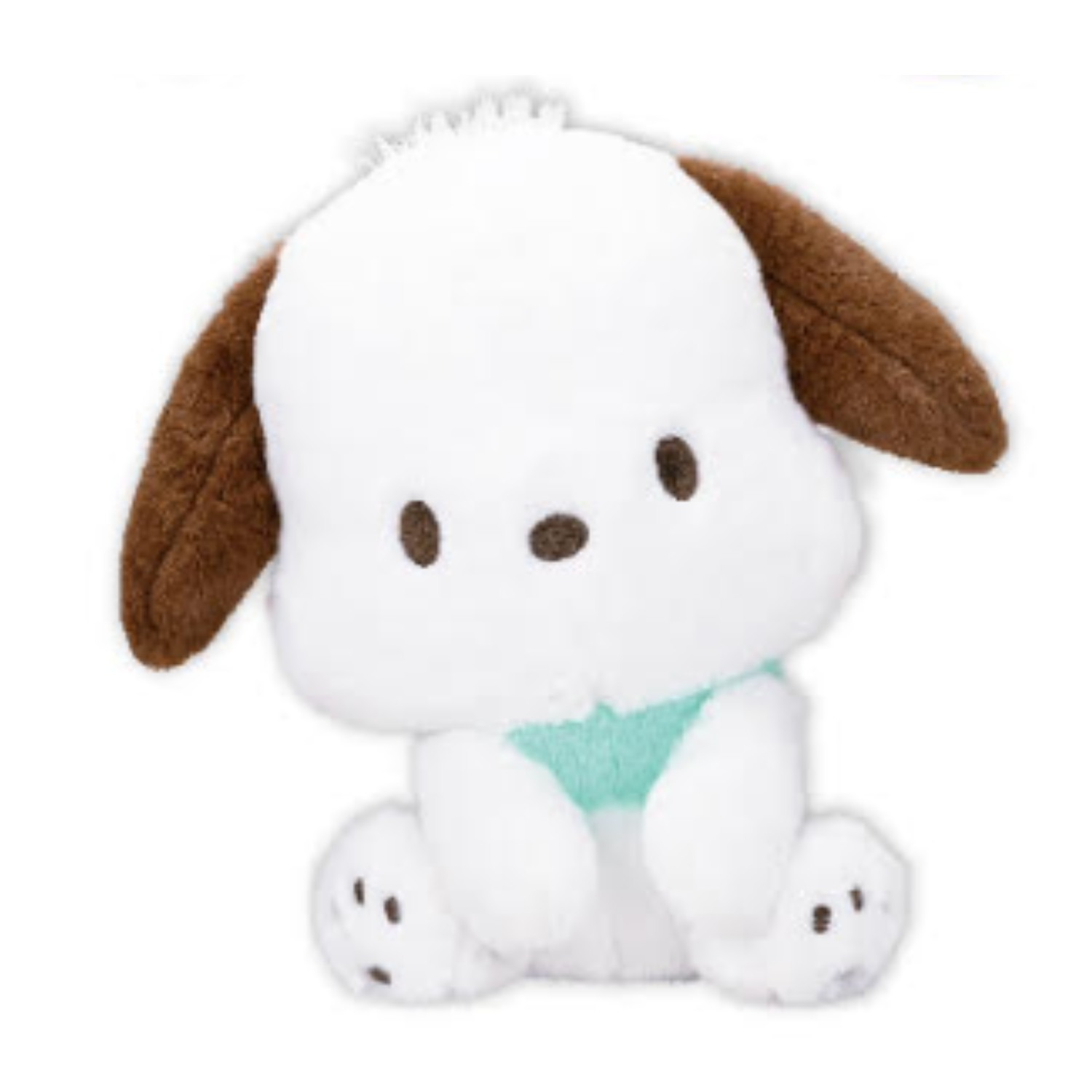 A large Pochacco plush that is super fluffy. He's wearing a mint colored bandana and his head is cocked slightly.