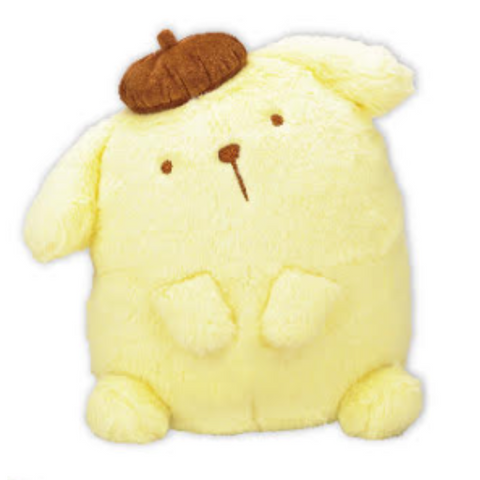 An extremely fluffy plush of Pompompurin. He's wearing a brown beret and his head is cocked slightly.