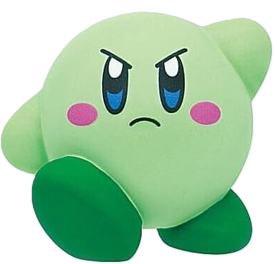 A small green vinyl kirby figure making an angry face.