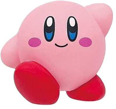 A small pink vinyl kirby, smiling.
