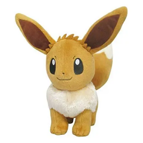 Front view of a highly detailed Eevee plush in a standing position. The face details are embroidered and the expression is happy.