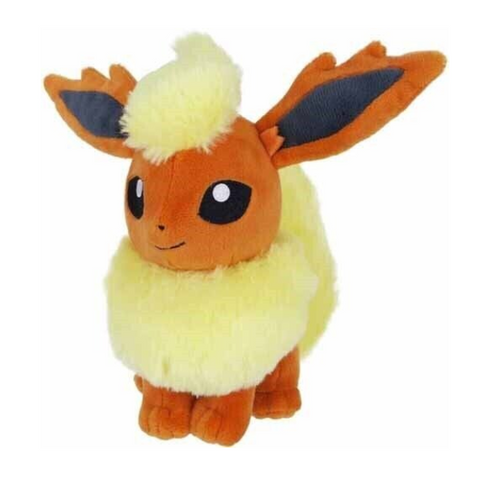 A high quality orange plush of Flareon. It has soft yellow fur details and nicely embroidered eyes and face. It's in a standing position.
