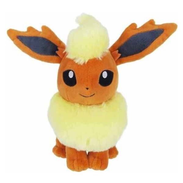 A front-facing view. A high quality orange plush of Flareon. It has soft yellow fur details and nicely embroidered eyes and face. It's in a standing position.