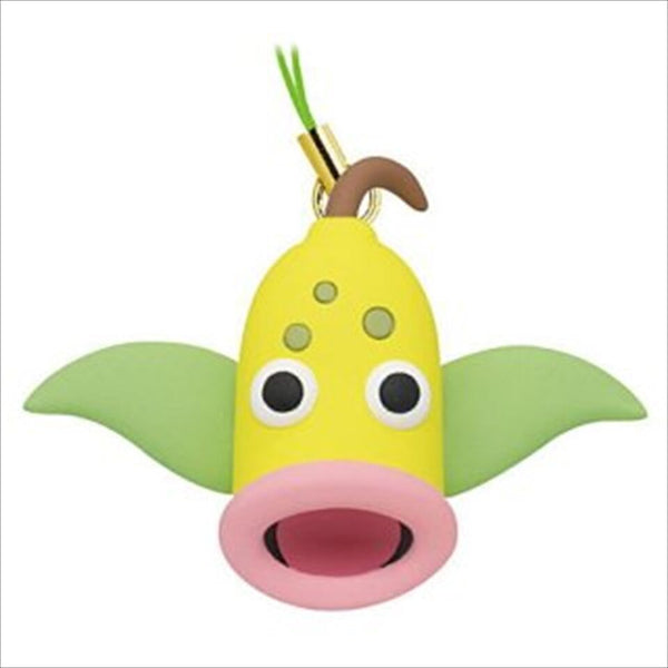 A yellow and green weepinbell keychain with an open mouth and a green strap.