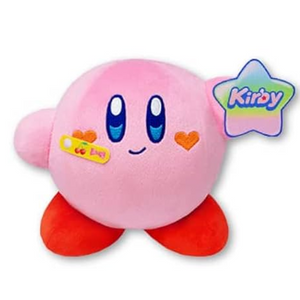 Round, high quality kirby plush with decora details. His cheeks are embroidered hearts, he has a yellow band-aid on his face, and is holding a rainbow star with the word "Kirby" on it.