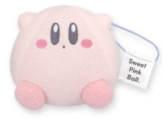 An inflated soft plush kirby with his arms in the air.