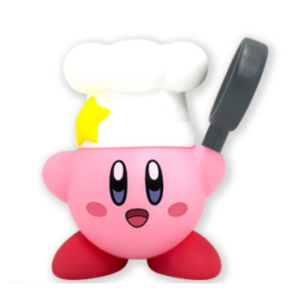 Kirby holding a frying pan and wearing a white chef hat.