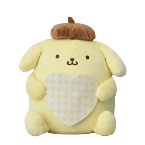 A chubby yellow pompmpurin plush holding a yellow gingham felt heart