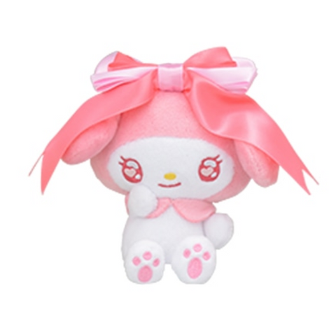 A small pink My Melody plush with a big pink ribbon on top. Her eyes are sparkling with heart embroidery.