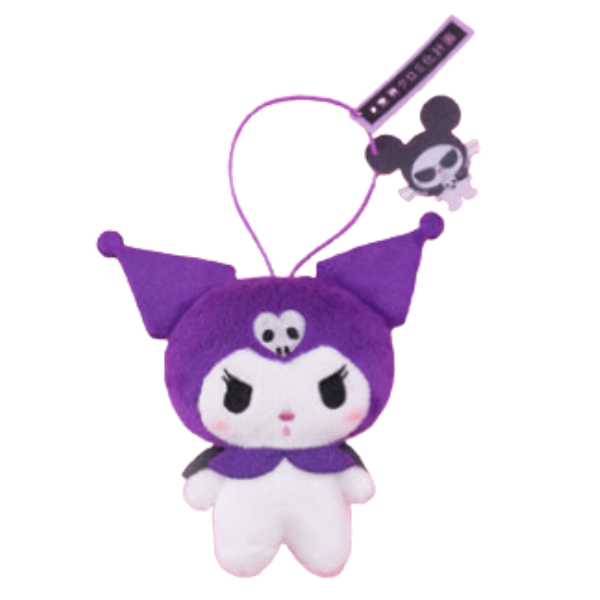 Violet eared Kuromi with a neutral expression and a felt charm