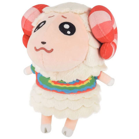 A high quality plush of Dom from Animal Crossing. He has pink and red striped horns, cream white fur in scalloped layers, and wearing a tie-dye shirt. His face is nicely embroidered.