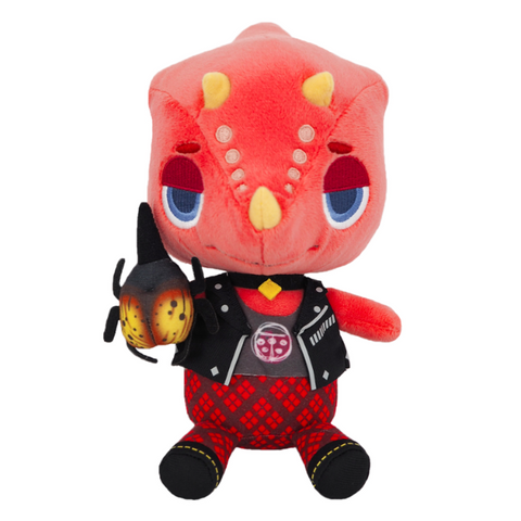 A high quality red plush of Flick from Animal Crossing. He's highly detailsed with embroidered face and spots, fabric horns, and an intricate punk outfit. He's wearing a choker, black vest, graphic shirt, plaid pants, and black boots, and holding a large plush beetle.