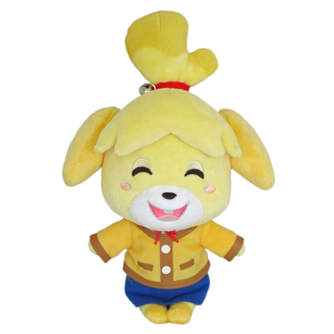 A high quality yellow plush of Isabelle from Animal Crossing. Her eyes are closed and she is smiling. All of her facial features, including blushing cheeks, are nicely embroidered. She's wearing her autumn outfit, a yellow and brown button up cardigan with a blue skirt. She has a red ribbon around her neck and around her hair, accesorized by a real bell that jingles.
