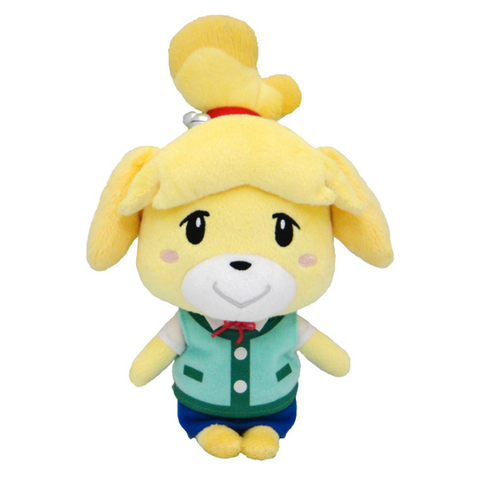 A high quality yellow Isabelle plush from Animal Crossing. She has a kind smile on her face and her facial details are nicely embroidered. She is wearing her spring outfit, a green and dark green button down cardigan over a blue skirt. She has a red ribbon around her neck and around her hair, accessorized by real bells that jingle.