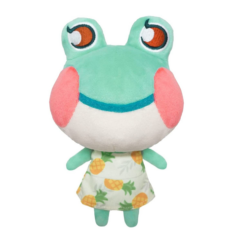 A plush of Lily the green frog villager. She has big pink cheeks and is wearing a pineapple print dress.