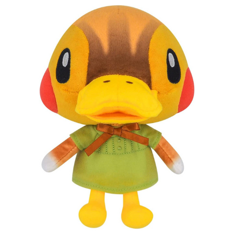 A high quality plush of Molly the duck from Animal Crossing. She is a light brown fabric with dark brown accents. She has bright red cheeks, a yellow bill, and nicely embroidered eyes. She is wearing a green dress with embroidery details and a brown bow.