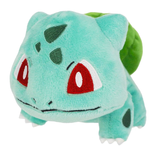A soft bulbasaur plush with a large green plush bulb on the back. His eyes, face details, and spots are all nicely embroidered.