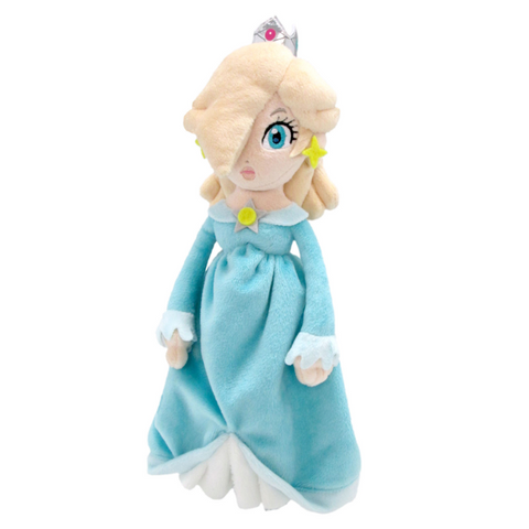 A tall, high quality plush of Rosalina from the Super Mario Galaxy series. Her facial details are nicely embroidered, and she's wearing a light blue dress.