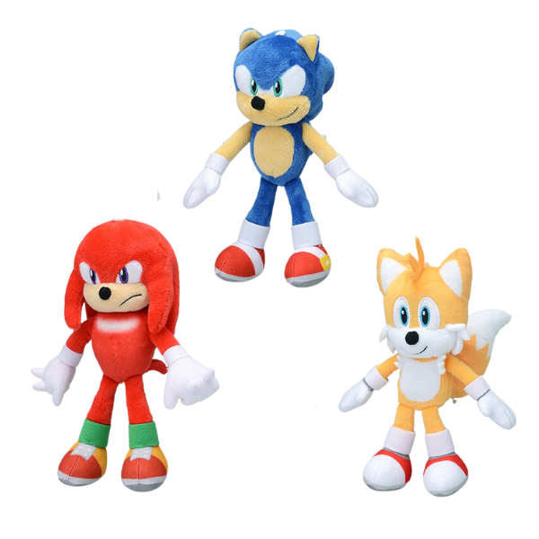 An image of all three Sonic plushies. On the left is Knuckles, in the middle is Sonic, and on the right is Tails.