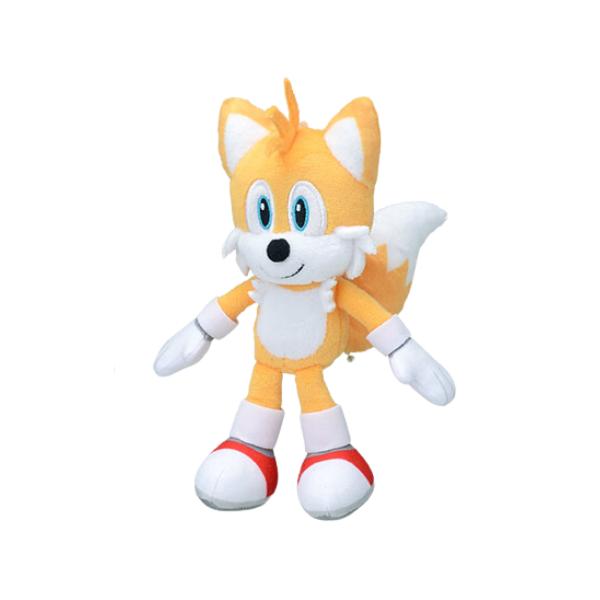 A plush of Miles "Tails" Prower the two-tailed fox, with a smile on his face. His gloves and shoes are nicely detailed.