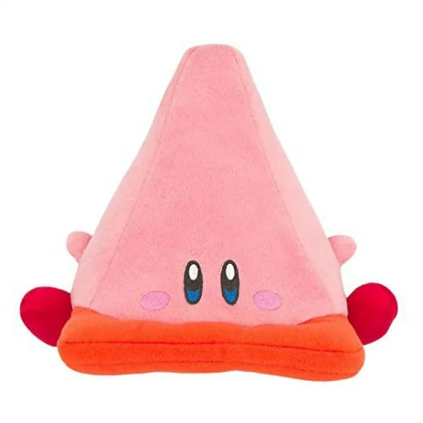 A cone-shaped Kirby plush with an orange base, like a traffic cone. His arms and feet are small and splayed, and his eyes and cheeks are nicely embroidered.