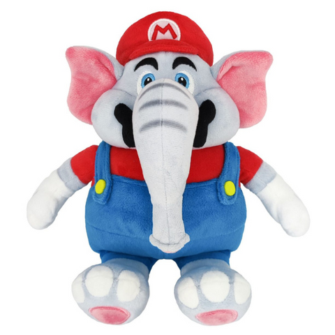 A large plush of Elephant Mario. He's an elephant with a fabric mustache and eyebrows, with nicely embroidered eye details. He's wearing his classic red shirt and blue overalls with white gloves. He's also wearing the classic Mario cap and his elephant ears are poking out from below.
