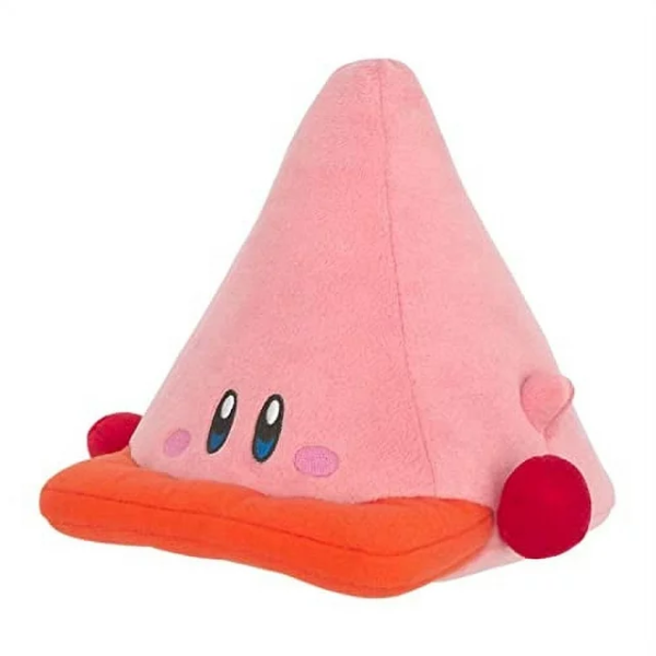 An alternate 3 quarters view: a cone-shaped Kirby plush with an orange base, like a traffic cone. His arms and feet are small and splayed, and his eyes and cheeks are nicely embroidered.
