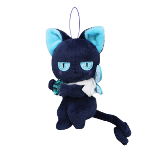 Navy blue Spinel Sun plush with light blue ears, light blue felt wings, a white scarf, and a nicely embroidered face with a content expression. He's holding a light blue plastic star.
