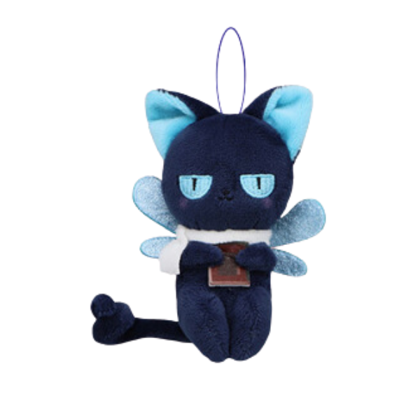 Navy blue Spinel Sun plush with light blue ears, light blue felt wings, a white scarf, and a nicely embroidered face with a content expression. He's holding a felt piece of chocolate.