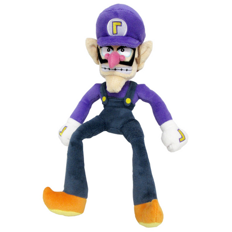 A very long, lanky plush of Waluigi. He has a big plush nose and mustache and nicely embroidered face details. He's wearing a purple cap, purple shirt, and navy overalls with yellow button details. His shoes are pointy and he has embroidered gloves on.