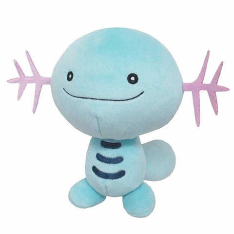 A highly detailed wooper plush with a smiling, vacant expression. He has two purple spiked whiskers on the side of his face, and embroidered details on his face and tummy.