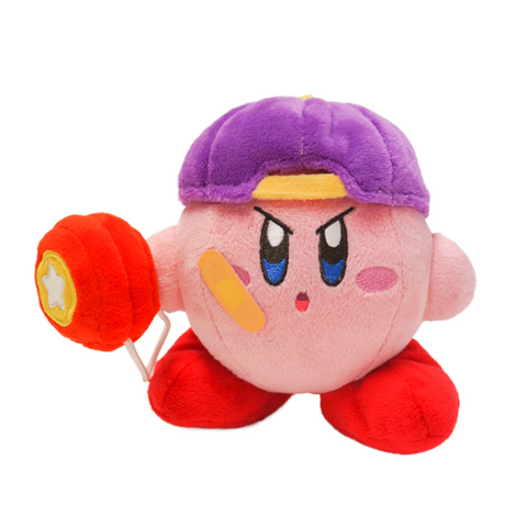 An adorable plushie of Kirby holding a red fabric yo-yo and wearing a purple and yellow backwards hat. His face is nicely embroidered in a serious angry expression, and he has a band-aid on one cheek.