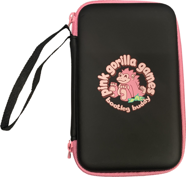 An image showing the outside of the bootleg buddy case. It is a black case with pink zippers, and has an image of our logo and the words "bootleg buddy."