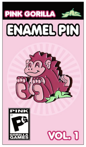 An enamel pin of our Pink Gorilla logo, on a light pink pin backing. It says Pink Gorilla Enamel Pin, Vol. 1