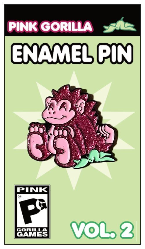 A pink glittery enamel pin of our Pink Gorilla logo, on a light green pin backing. It says Pink Gorilla Enamel Pin, Vol. 2.