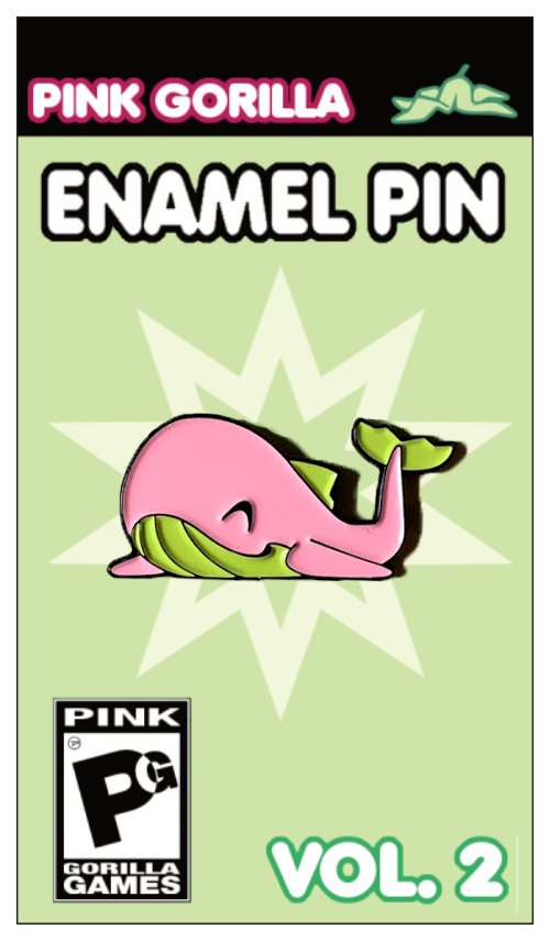An enamel pin of our pink whale, Pink Kujira. The whale is pink with green accents, and is on a green pin backing. It says Pink Gorilla Enamel Pin, Vol. 1