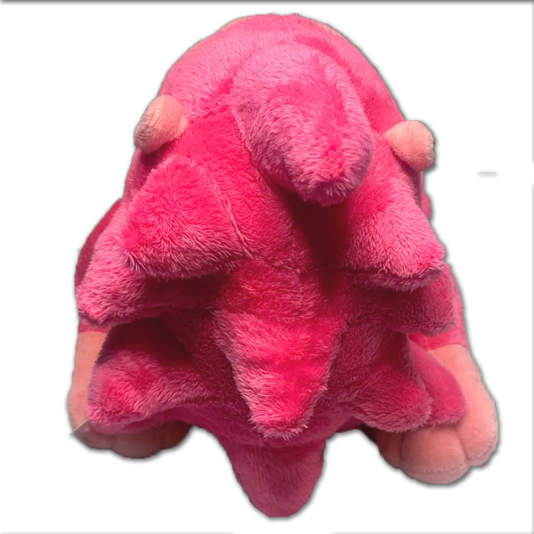 A Pink Gorilla plushie, rear view. The plush has bright pink fur with a light pink face, stomach, hands, and toes. Facial features are stitched in bright pink thread.
