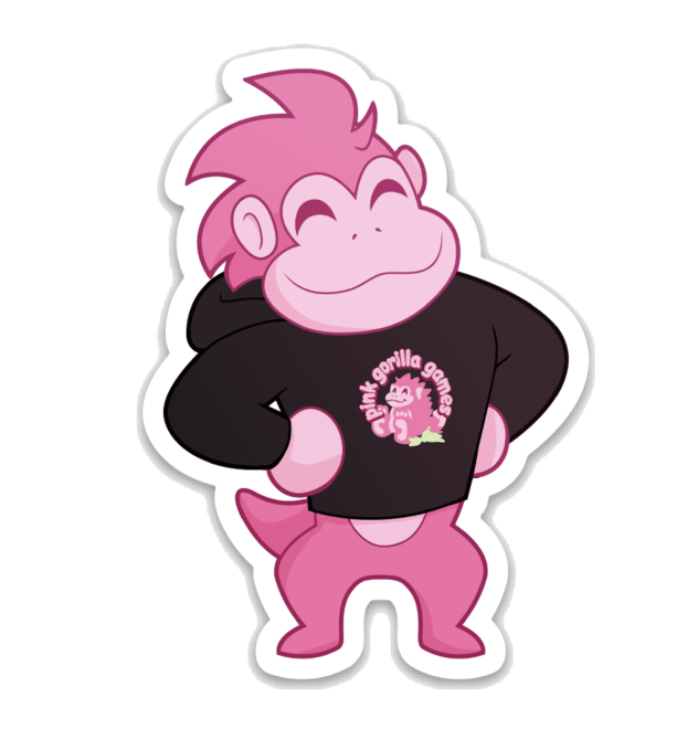 A stylized version of our Pink Gorilla mascot, standing upright and wearing a black Pink Gorilla hoodie.