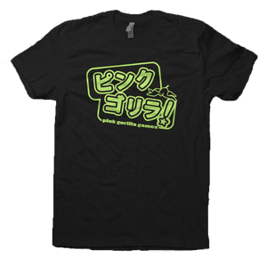 An image of our Katakana Logo T-Shirt in green. The shirt is black with lime green Japanese text that spells "Pink Gorilla". Underneath it says Pink Gorilla Games in english.