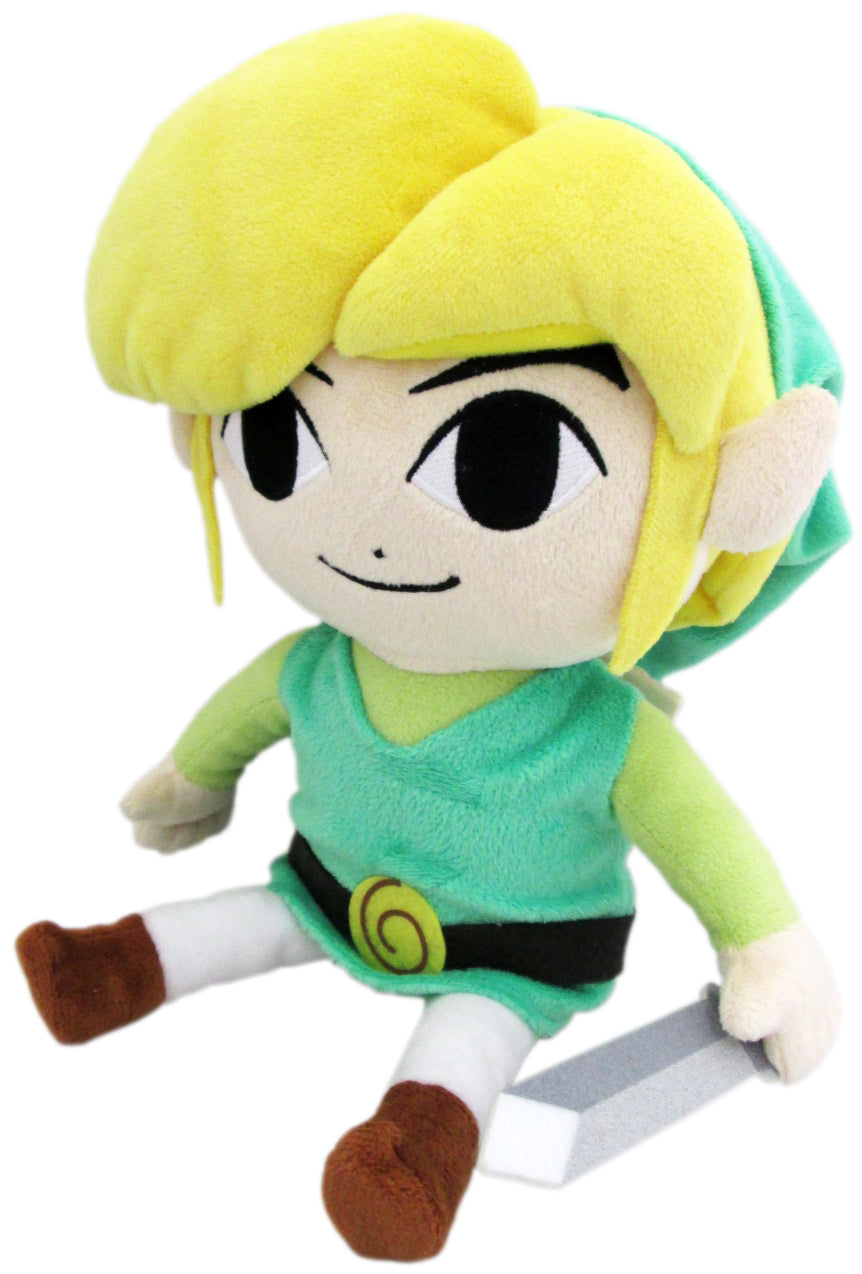 A plush of link from the legend of zelda, in toon link style. He's wearing a green tunic.