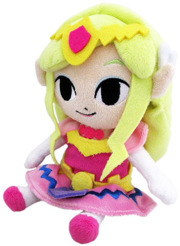 A plush of zelda from the legend of zelda. She's wearing a crown and a pink dress.