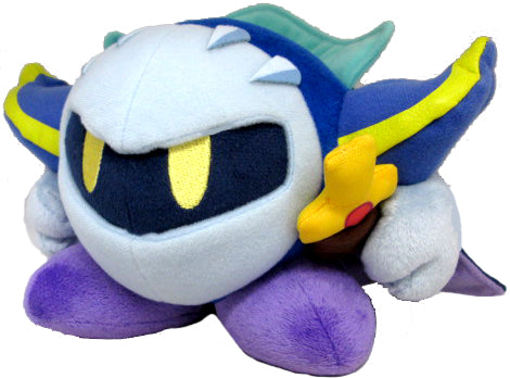 Plush of Meta Knight from the kirby series. He is round with a grey mask, purple feet, and blue cape with shoulder pads.