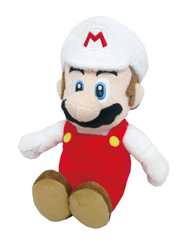Fire Mario plush. He's wearing a white had and white sleeves, with a red pair of overalls.
