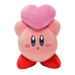 A pink kirby plushie holding a bright pink plush heart over his head.