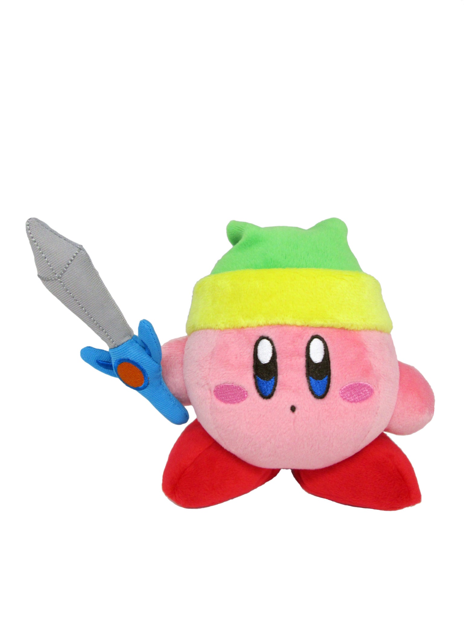 A pink kirby plushie holding a sword with a blue and red hilt. He's wearing a green cap with a yellow band.