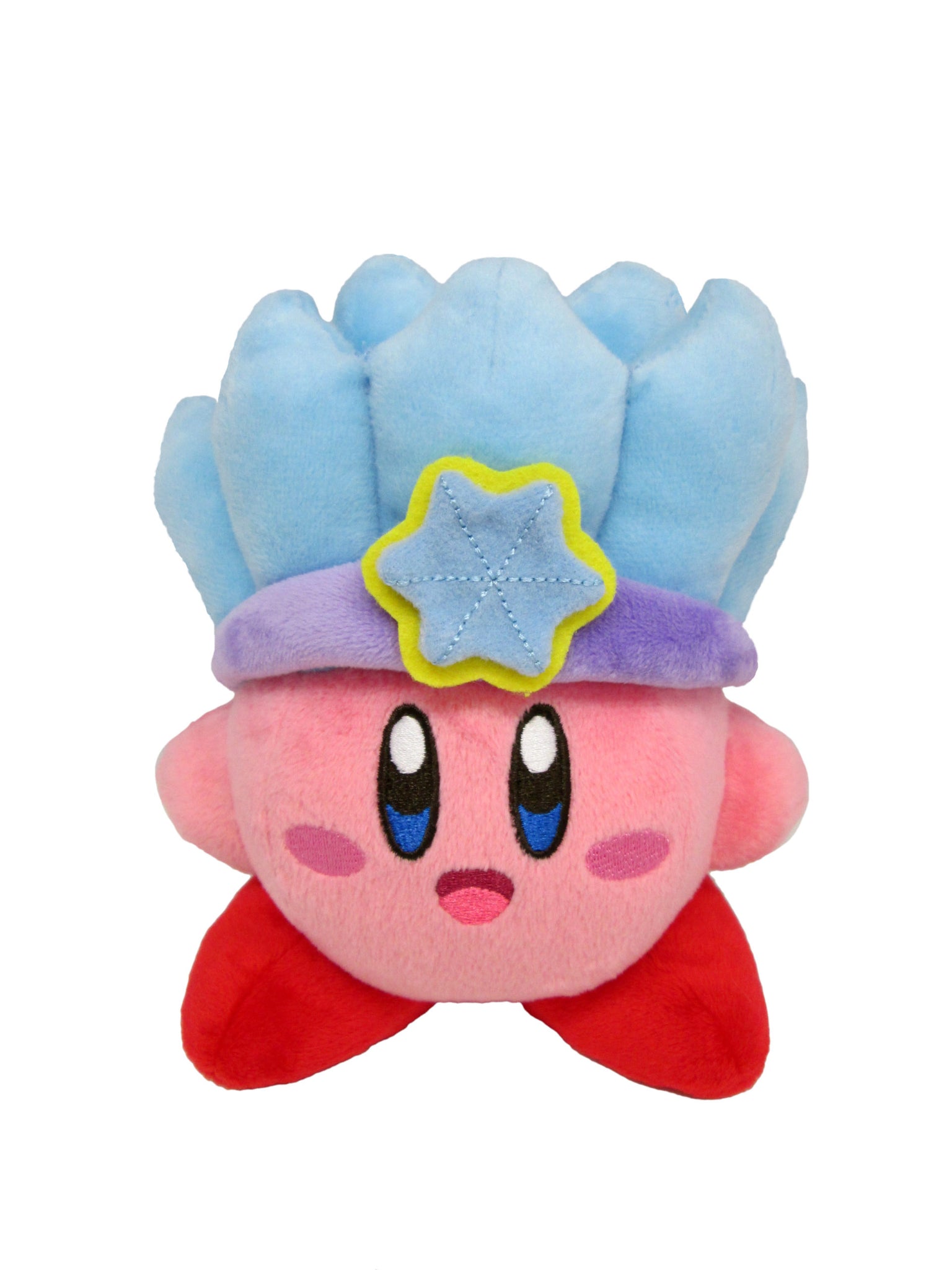 A pink kirby plush with an open-mouth embroidered smile. He is wearing a purple and blue crown made of ice.