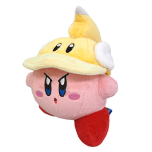 A pink kirby plushie wearing a yellow "cutter" hat for his cutter ability. The hat is brimmed and has a mohawk-shaped spike down the middle, and wings on the side. Kirby has an angry look on his face.