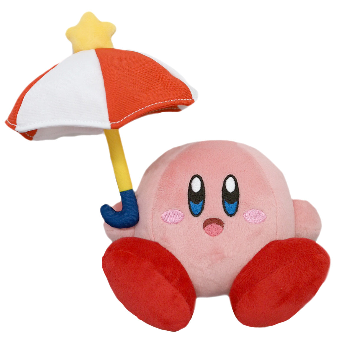 A pink kirby plush with an embroidered open-mouth smile. He is holding a red and white striped umbrella with a yellow star on top.