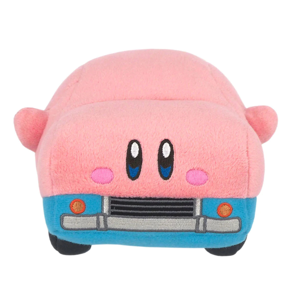 A plush of "mouthful mode" kirby, that looks like a blue car on the bottom and a kirby on top.